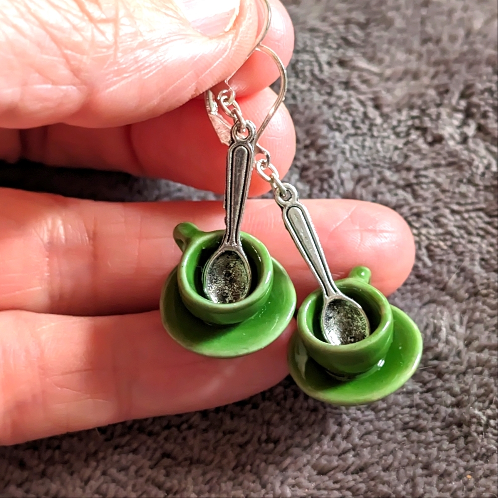 Teacup earrings green ceramic and silver plated lever back earwires